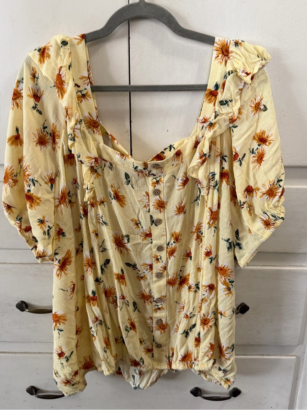 Maurices Yellow Floral Ruffle Button-Front Blouse